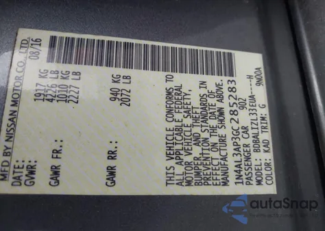 2016 Nissan Altima 2.5 Sv z USA, uszkodzony, nr VIN 1N4AL3AP3GC285283